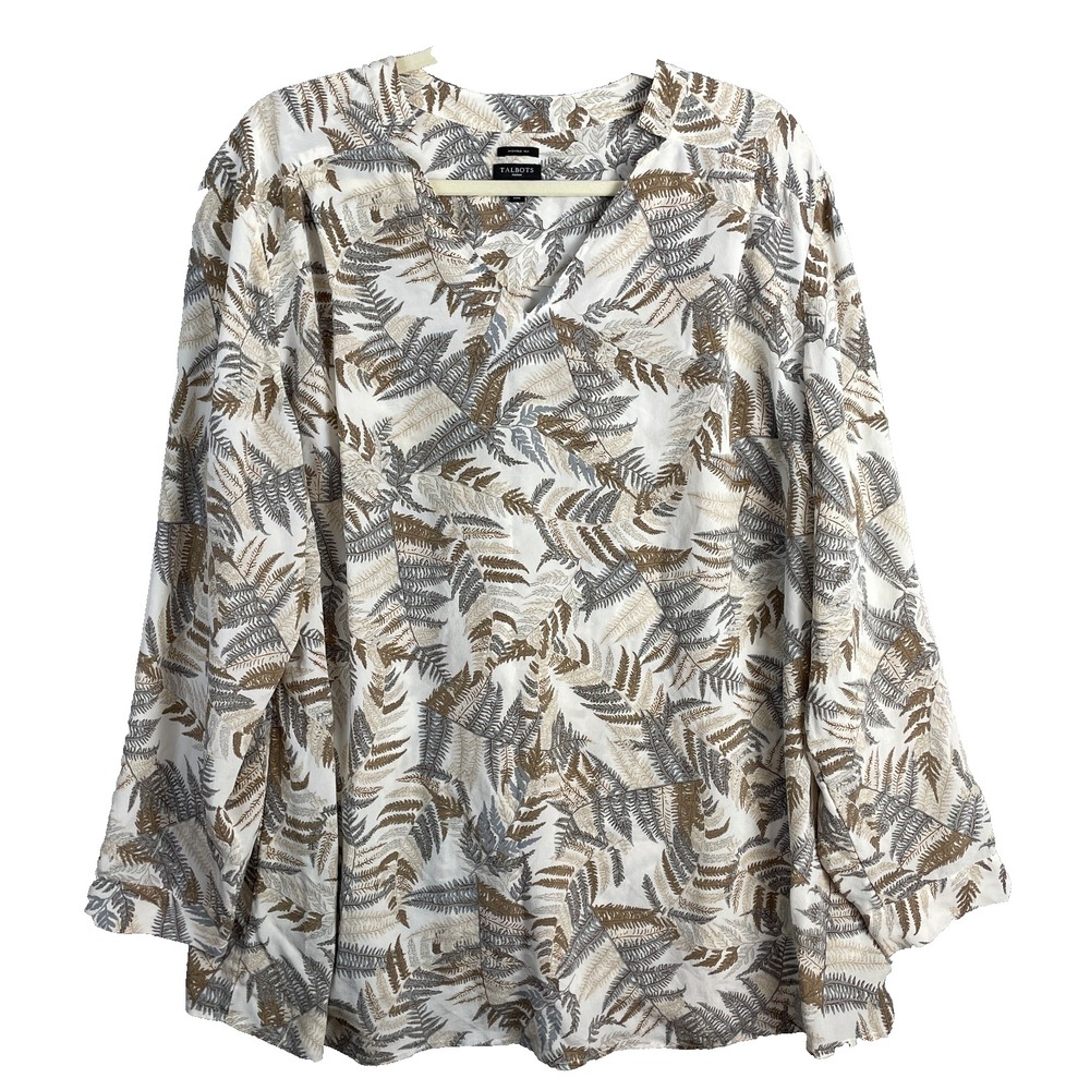 Talbots Washable Silk Blouse Women Plus 3X Neutral Leaf Tropical Long Sleeve Top